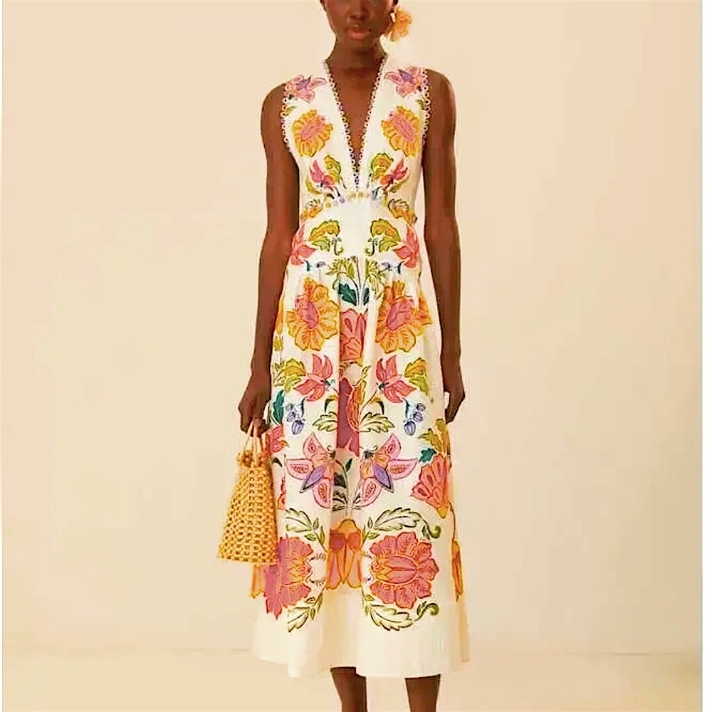 FARM RIO “Floral insects” linen long dress